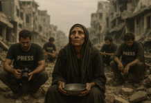 Jurnalisti asezati pe resturi ale unor cladiri prabusite, cu o femeie din Gaza in varsta care cerseste mancare