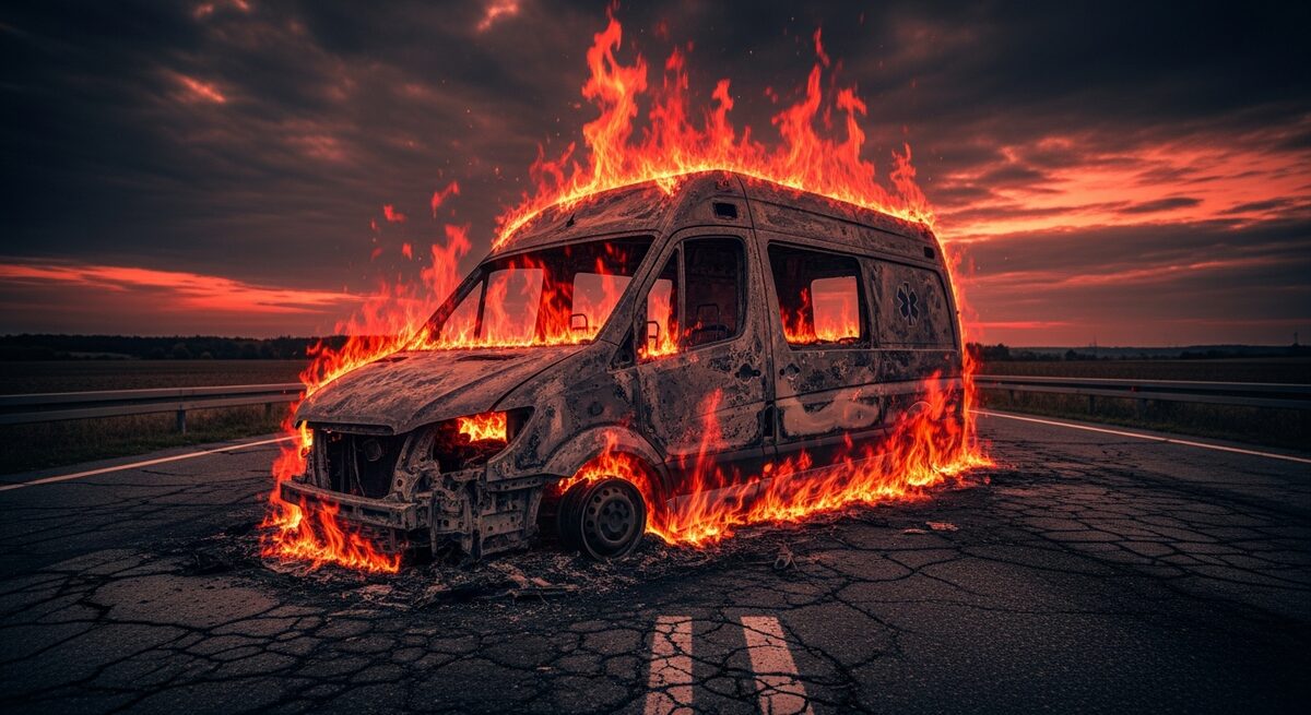 Ambulanță cuprinsă de flăcări pe un drum european din județul Iași